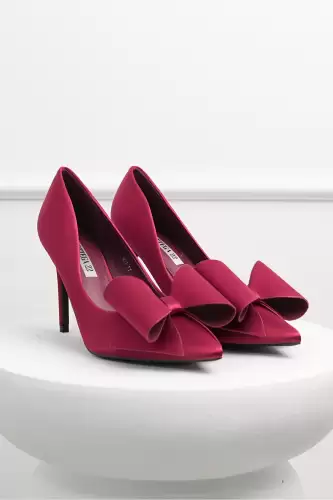 Pantofi bordo din material satinat cu funda maxi pe varf