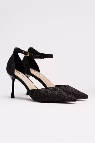 Pantofi eleganti negri cu pietre si perle decorative