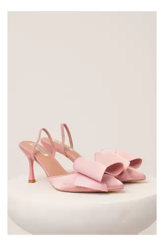 Pantofi roz eleganti din satin cu funda maxi