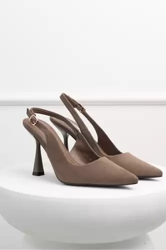 Pantofi taupe din piele ecologica intoarsa cu bareta