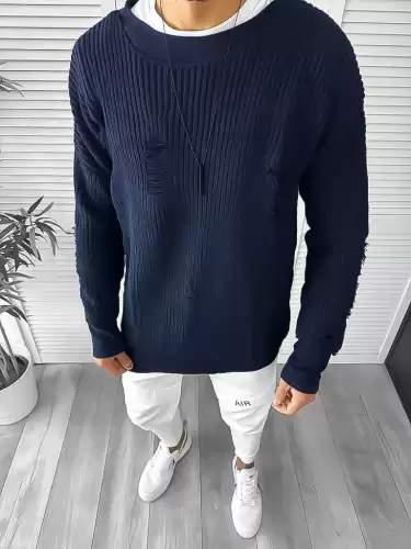 Pulover barbati gros bleumarin slim fit T3664 i13-1