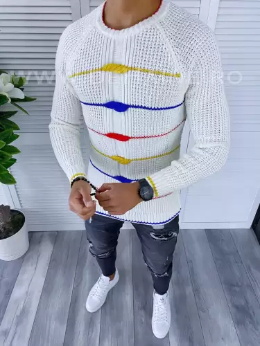 Pulover barbati gros slim fit alb T3587 96-5