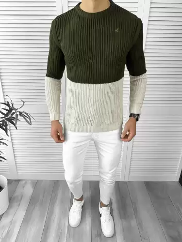 Pulover barbati gros slim fit kaki T3577  i17-4