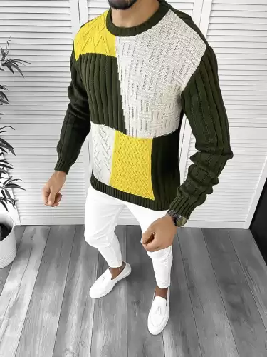 Pulover barbati gros slim fit kaki T3611  i7-6 / I14-5