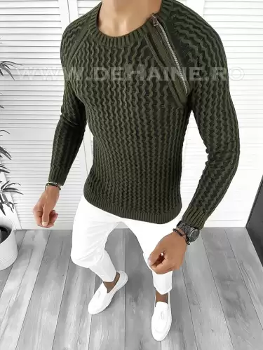Pulover barbati gros slim fit kaki T3711 100-3.1