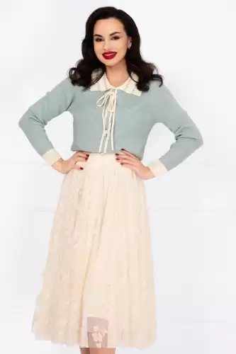 Pulover dama bleu din tricot Talia cu guler ondulat si nasturi decorativi