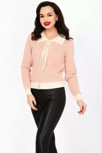 Pulover dama roz din tricot Talia cu guler ondulat si nasturi decorativi