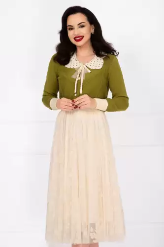 Pulover din tricot verde Petra cu guler cu buline si brosa detasabila