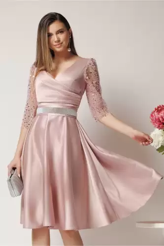 Rochie Adria eleganta din tafta roz cu cordon in talie