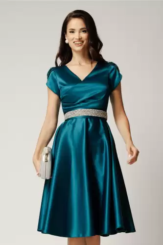 Rochie Amira midi verde petrol din tafta cu paiete pe maneci si cordon in talie