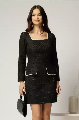 Rochie Bonnie neagra din tweed cu lurex si perle