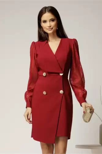 Rochie bordo scurta tip sacou cu maneci din dantela