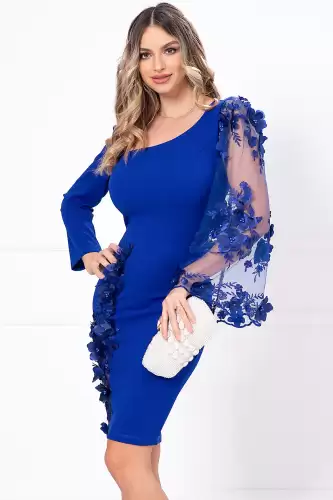 Rochie de ocazie albastra Viviana cambrata cu flori 3D