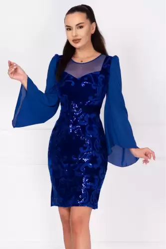 Rochie de ocazie din catifea albastra Celine cu maneci din voal si model paietat