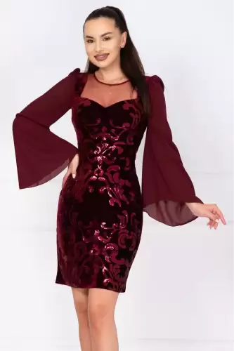 Rochie de ocazie din catifea bordo Celine cu maneci din voal si model paietat