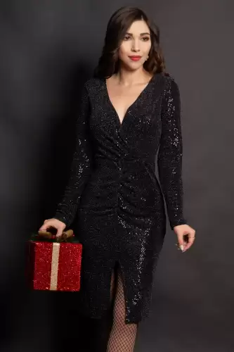 Rochie de ocazie eleganta neagra Belinda cu glitter si paiete negre