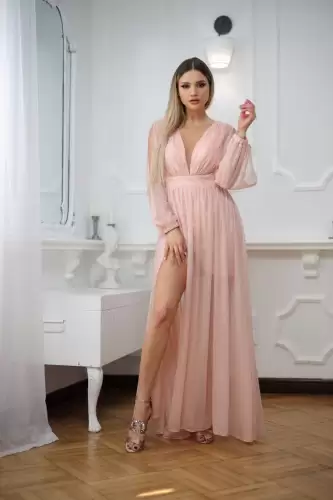 Rochie de ocazie lunga din tull cu slipici si cordon cu cristale