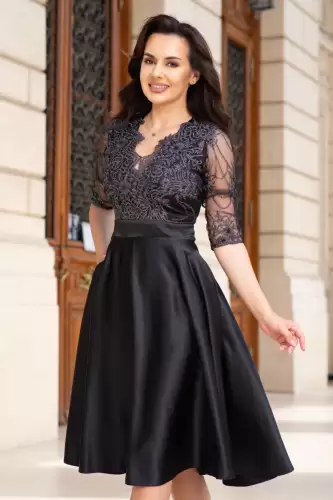 Rochie de ocazie midi neagra Lucrezia din tafta cu broderie