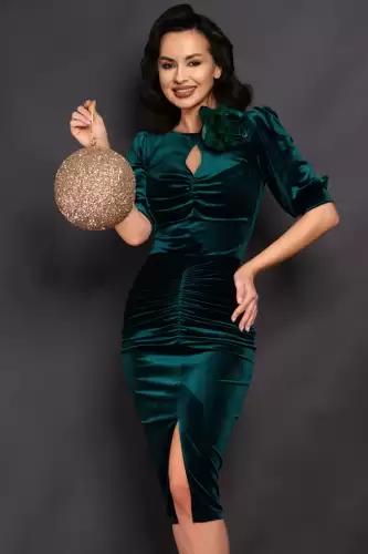 Rochie de ocazie verde din catifea Lupita cu floare decorativa