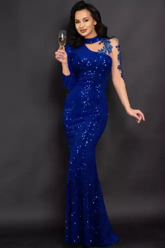 Rochie de seara albastra din paiete Agathe cu broderie aplicata