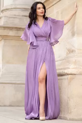 Rochie de seara eleganta Fausta lila cu maneci fluture si pliseuri