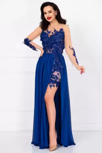 Rochie de seara lunga albastra Mikaela decorata cu flori 3D