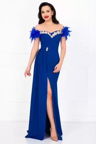 Rochie de seara lunga albastra tip sirena Alissa cu fulgi si trena