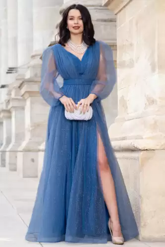 Rochie de seara lunga eleganta bleu Esmeralda cu glitter