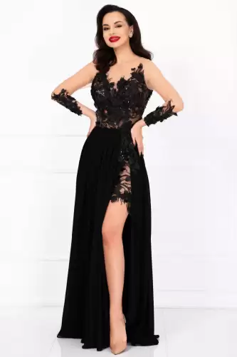 Rochie de seara lunga neagra Mikaela decorata cu flori 3D