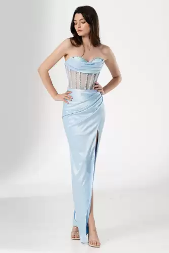 Rochie de seara lunga Sabina bleu cu fronseuri si pietre pretioase