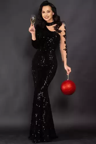 Rochie de seara neagra din paiete Agathe cu broderie aplicata