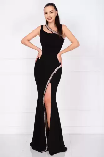 Rochie de seara neagra lunga Florence decorata cu pietre sclipitoare