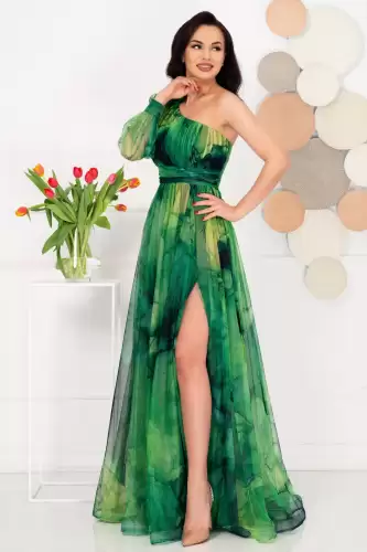 Rochie de seara pretioasa Carolina verde cu model tip pictura