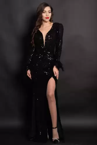 Rochie de seara tip sirena neagra Serafina cu paiete argintii si fulgi