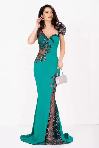 Rochie de seara tip sirena Sherrel verde cu flori din paiete argintii