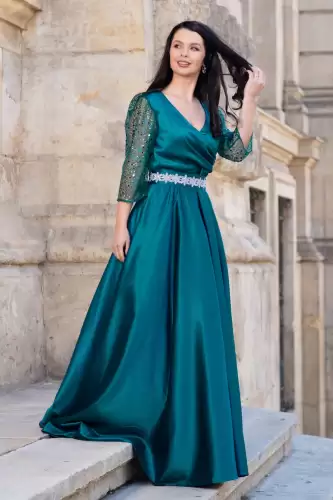 Rochie de seara verde Giorgia lunga din tafta cu maneci paietate