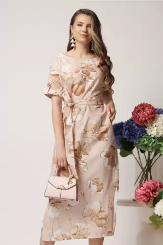 Rochie de zi bej cu imprimeuri florale si cordon in talie