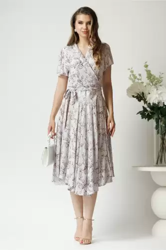 Rochie de zi din viscoza gri cu imprimeu si cordon in talie