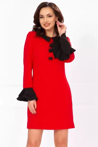 Rochie de zi Ivonne rosie cu guler si mansete negre
