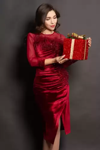 Rochie din catifea bordo Noelia cu paiete si fulgi