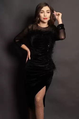 Rochie din catifea neagra Noelia cu paiete si fulgi