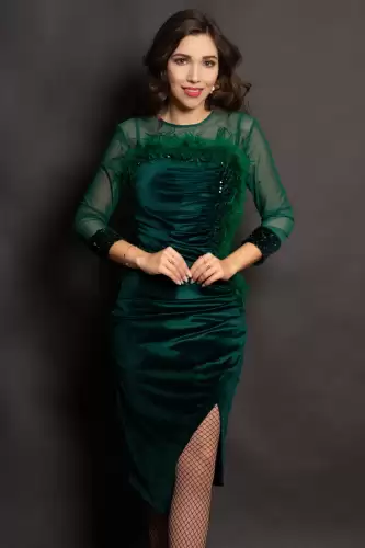 Rochie din catifea verde Noelia cu paiete si fulgi