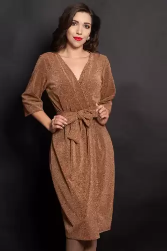 Rochie din lurex aramie petrecuta cu cordon in talie