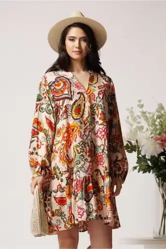 Rochie din viscoza lejera bej cu imprimeuri portocalii