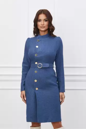 Rochie Dy Fashion albastra din tweed cu nasturi si curea
