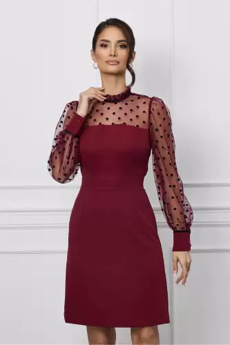 Rochie Dy Fashion bordo cu tull si buline catifelate