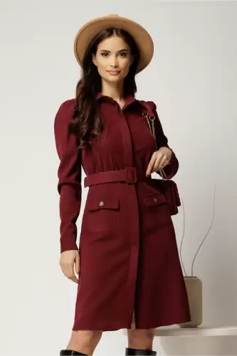 Rochie DY Fashion bordo din catifea reiata tip camasa si curea in talie