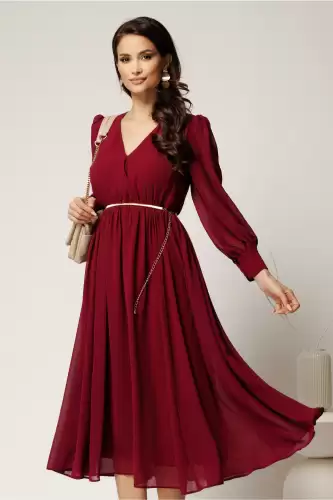 Rochie DY Fashion bordo din voal cu decolteu petrecut si curea in taIie