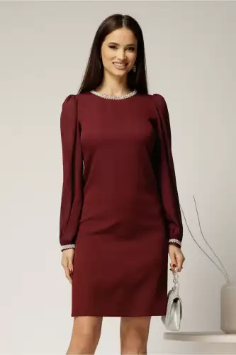 Rochie DY Fashion bordo eleganta cu maneci din voal si aplicatii la decolteu