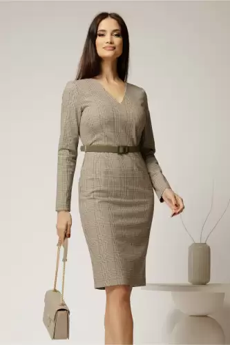 Rochie DY Fashion conica din stofa carou bleu si bej si curea in talie